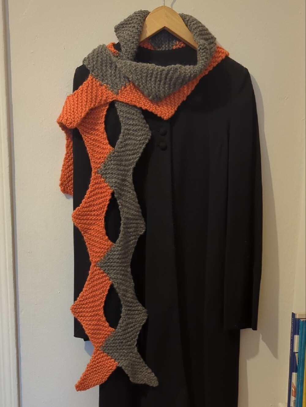 New Hand-Knit Gray and Orange Openwork Wool Scarf